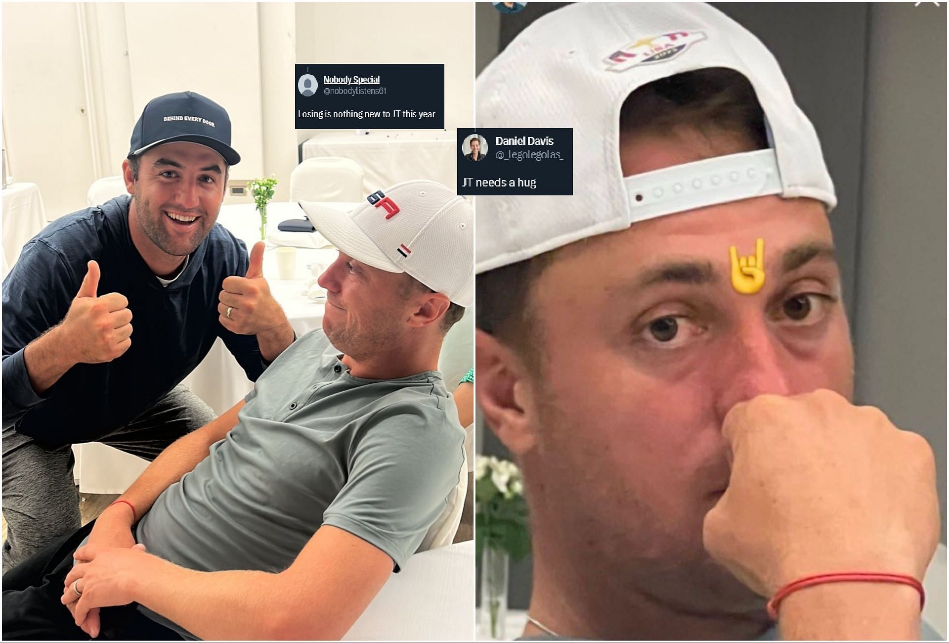 Scottie Scheffler and Justin Thomas (via Twitter/@maxhoma) and Justin Thomas (via Intagram/Brooks Koepka)