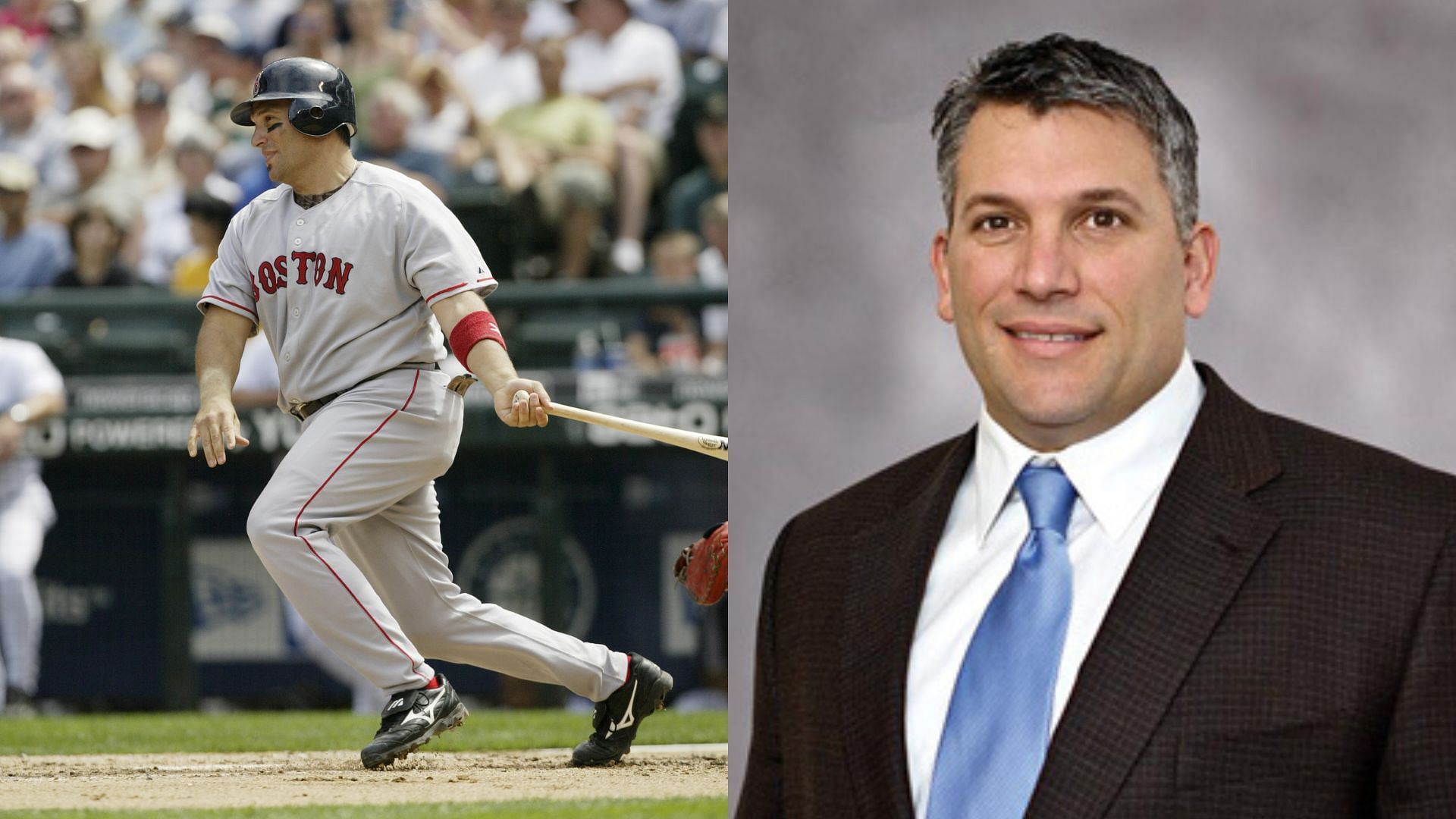 Boston Red Sox catcher Doug Mirabelli, right, embraces first