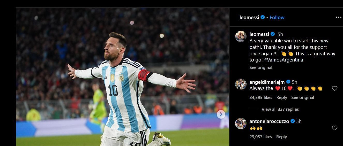 Screenshot of Di Maria and Antonela Rocuzzo&#039;s messaages on Lionel Messi&#039;s post