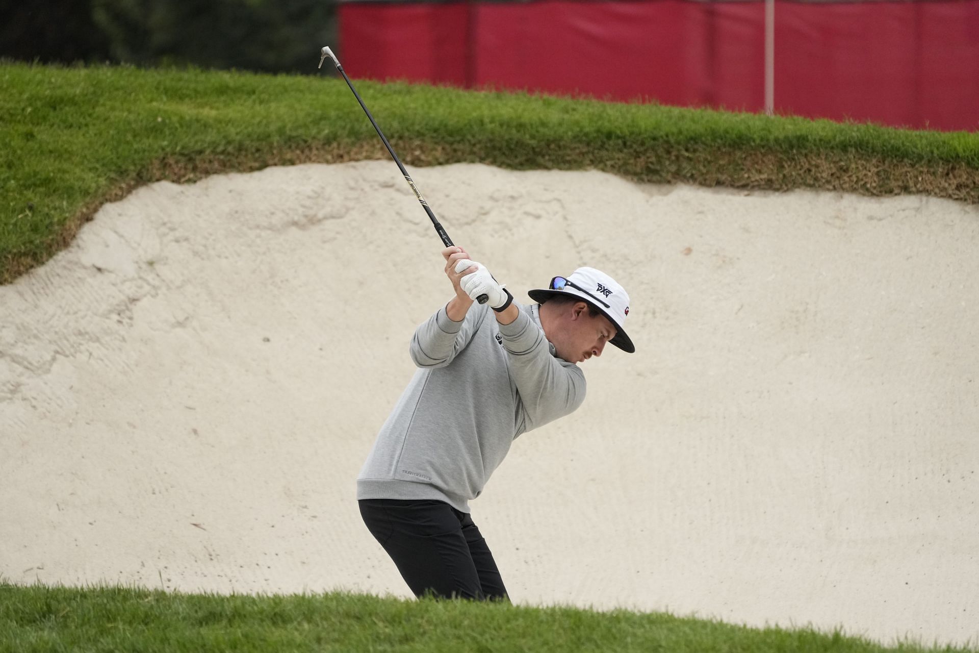 Joel Dahmen hits out of a bunker to the 16th green during the first round of the Fortinet Championship