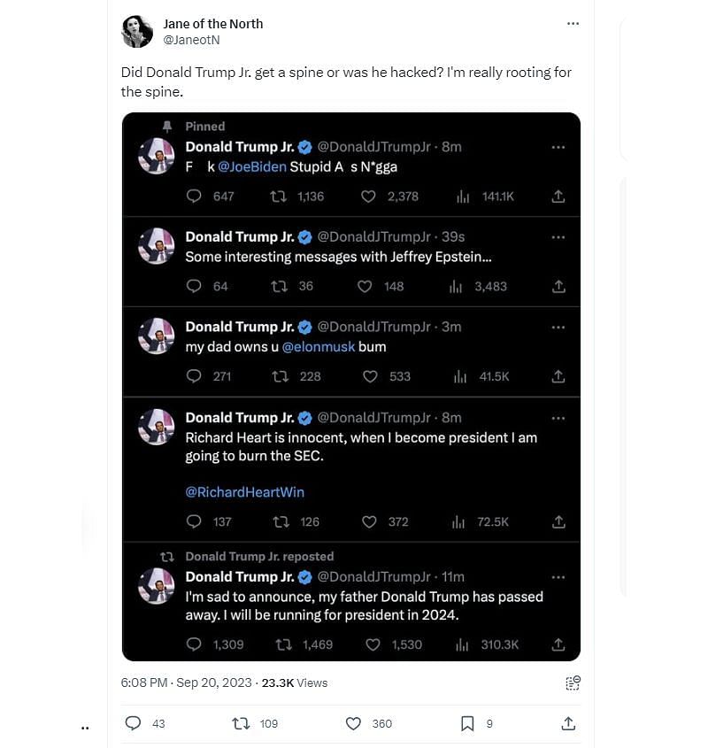 One netizen doubted if Trump Jr.&#039;s account really got hacked (Image via X/JaneotN)