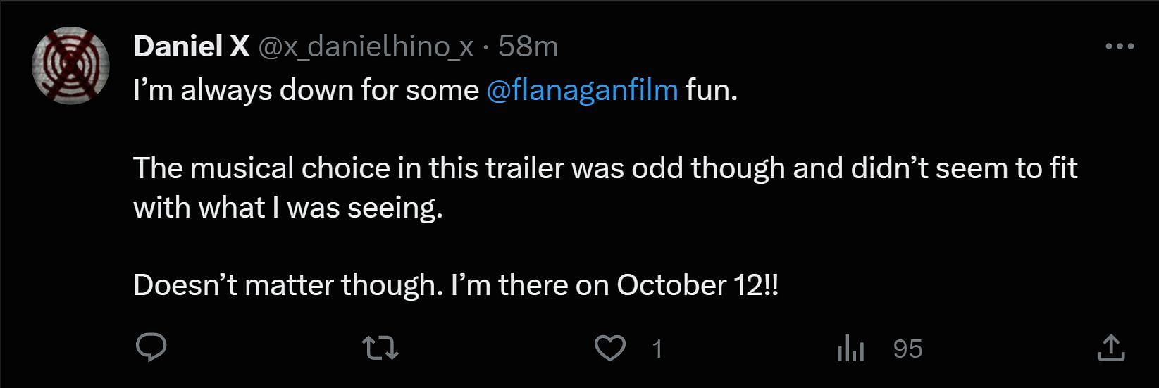 A tweet reply to DF&#039;s post about Mike Flanagan&#039;s upcoming show (Image via X)