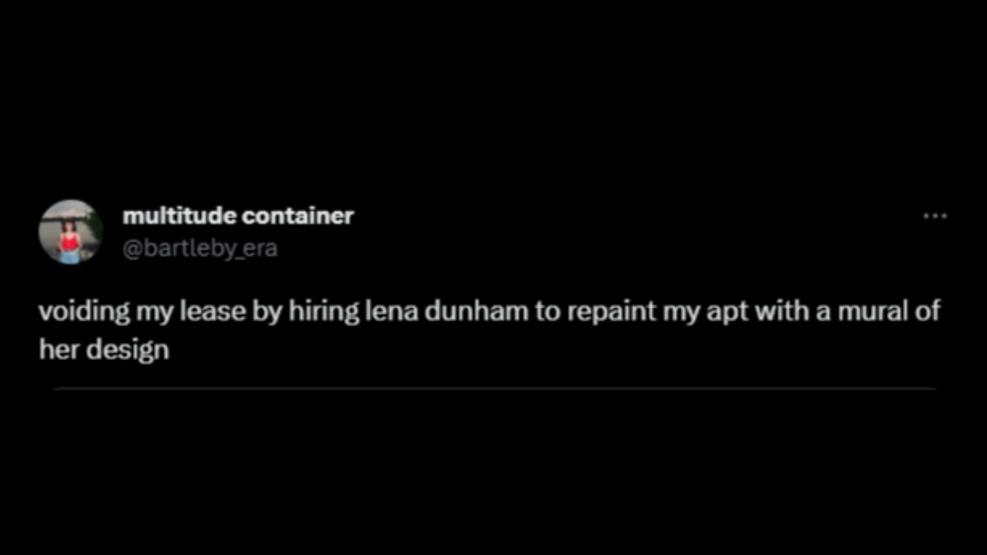 Screenshot of an X user remarking on Lena Dunham offering to paint a mural of a person for an auction bid to support crew through strike. (Photo via @cadlymack/X)