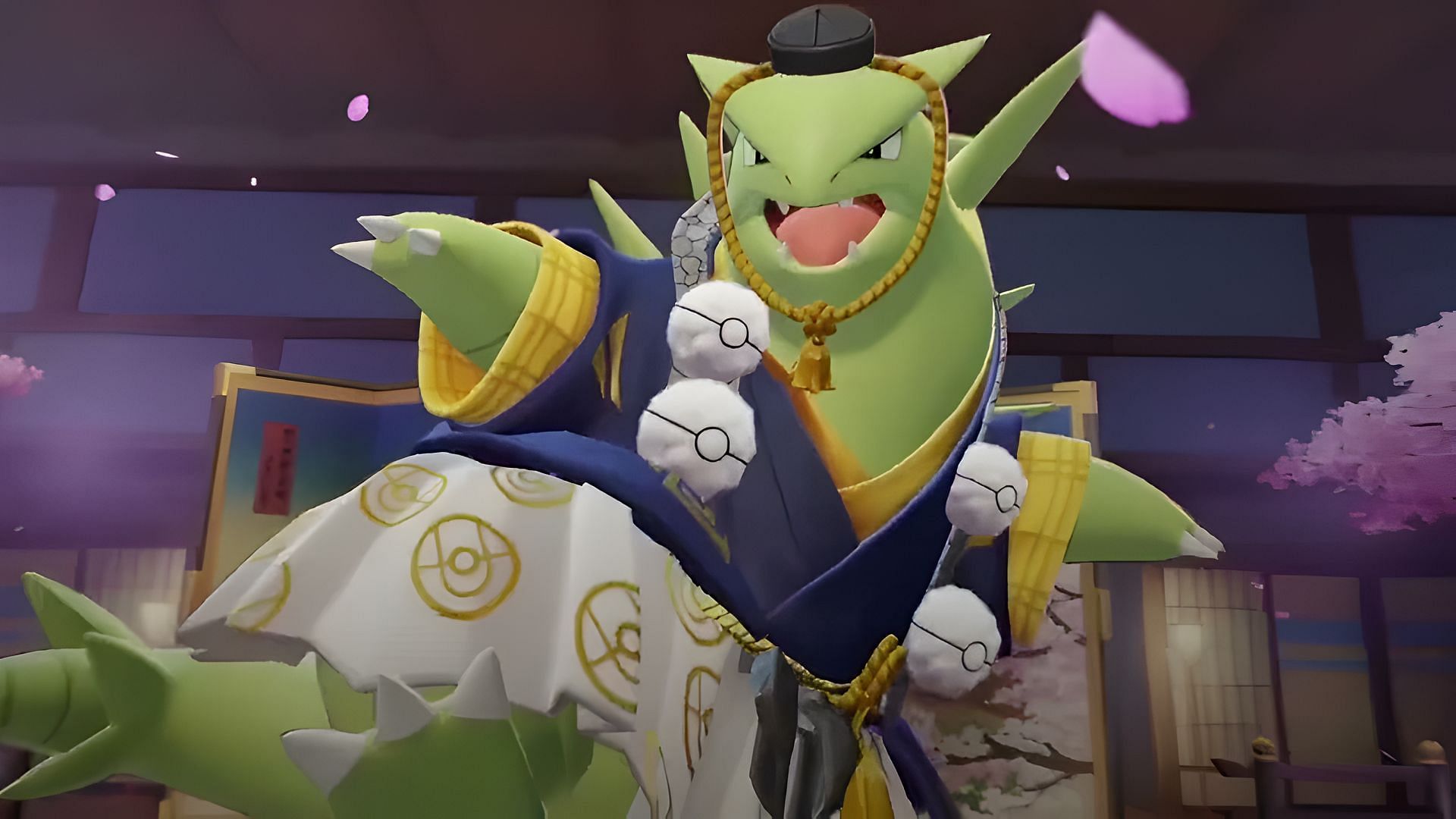 Tyranitar wearing its Pokebuki-themed holowear in Pokemon Unite.