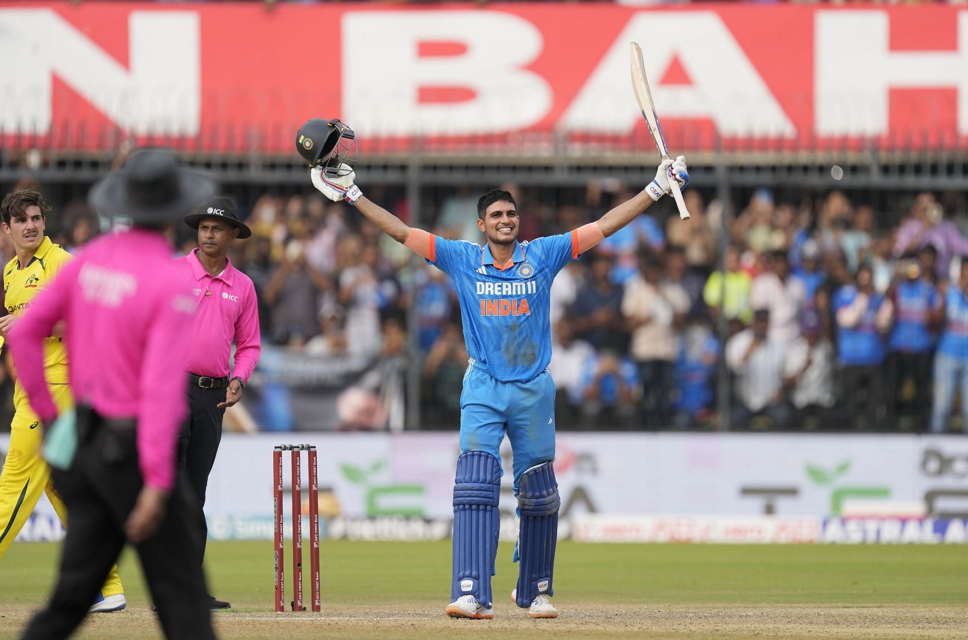 Shubman Gill raising his bat after a ton [Getty Images]