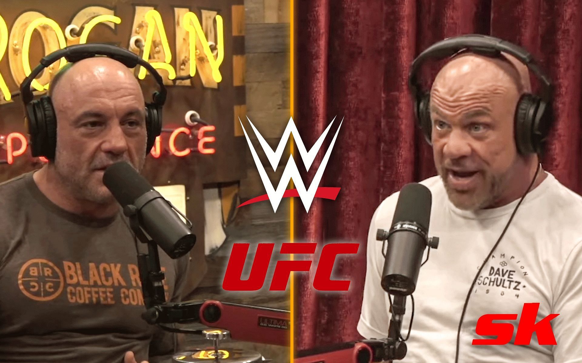 Joe Rogan and Kurt Angle [Image credits: @PowerfulJRE on YouTube and @UFC, @WWE on Instagram]