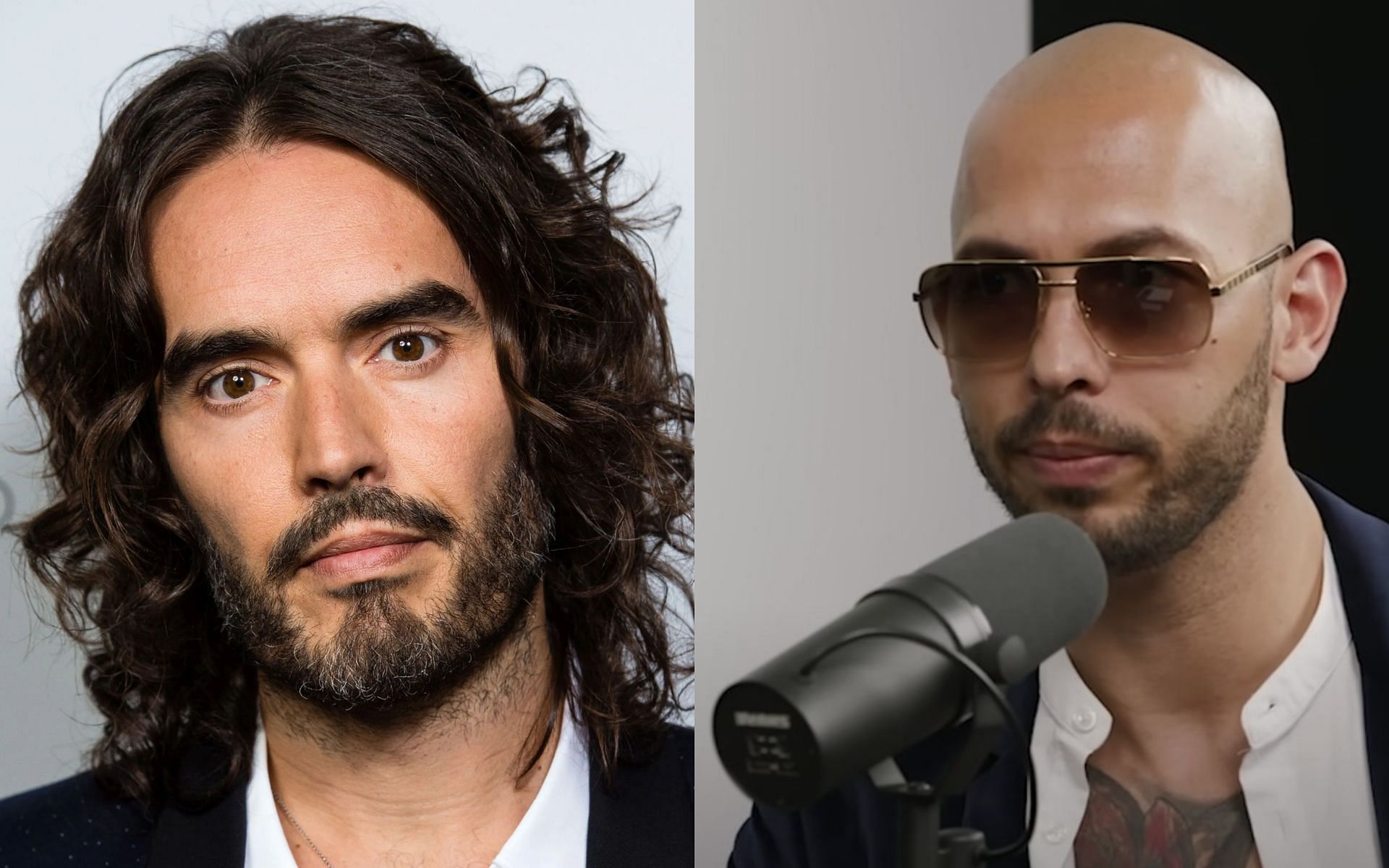 Russell Brand (left) and Andrew Tate (right). [via Getty Images and Twitter @PopBase]