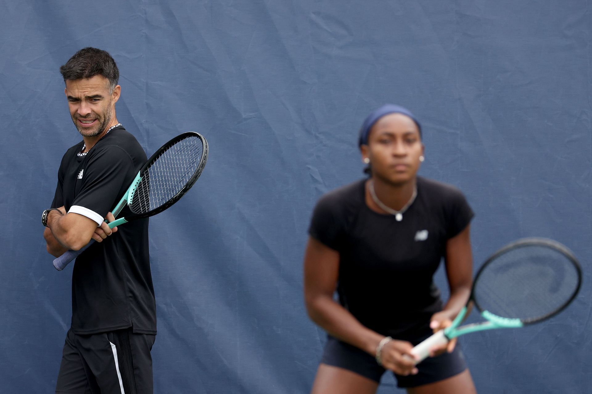Coco Gauff training along with coach Pere Riba ahead of the 2023 US Open