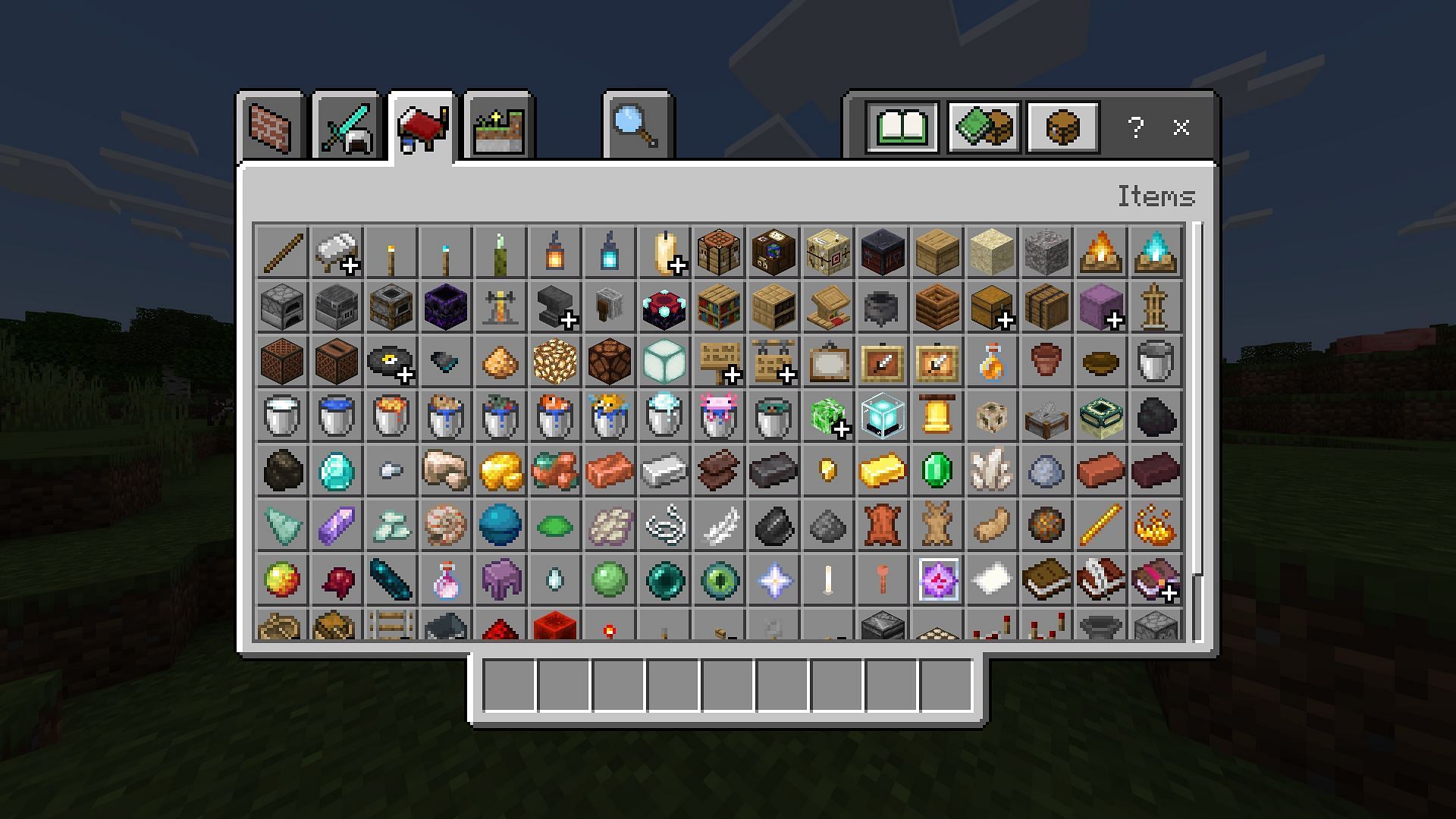 The Creative Mode inventory showcases items and blocks in Minecraft.