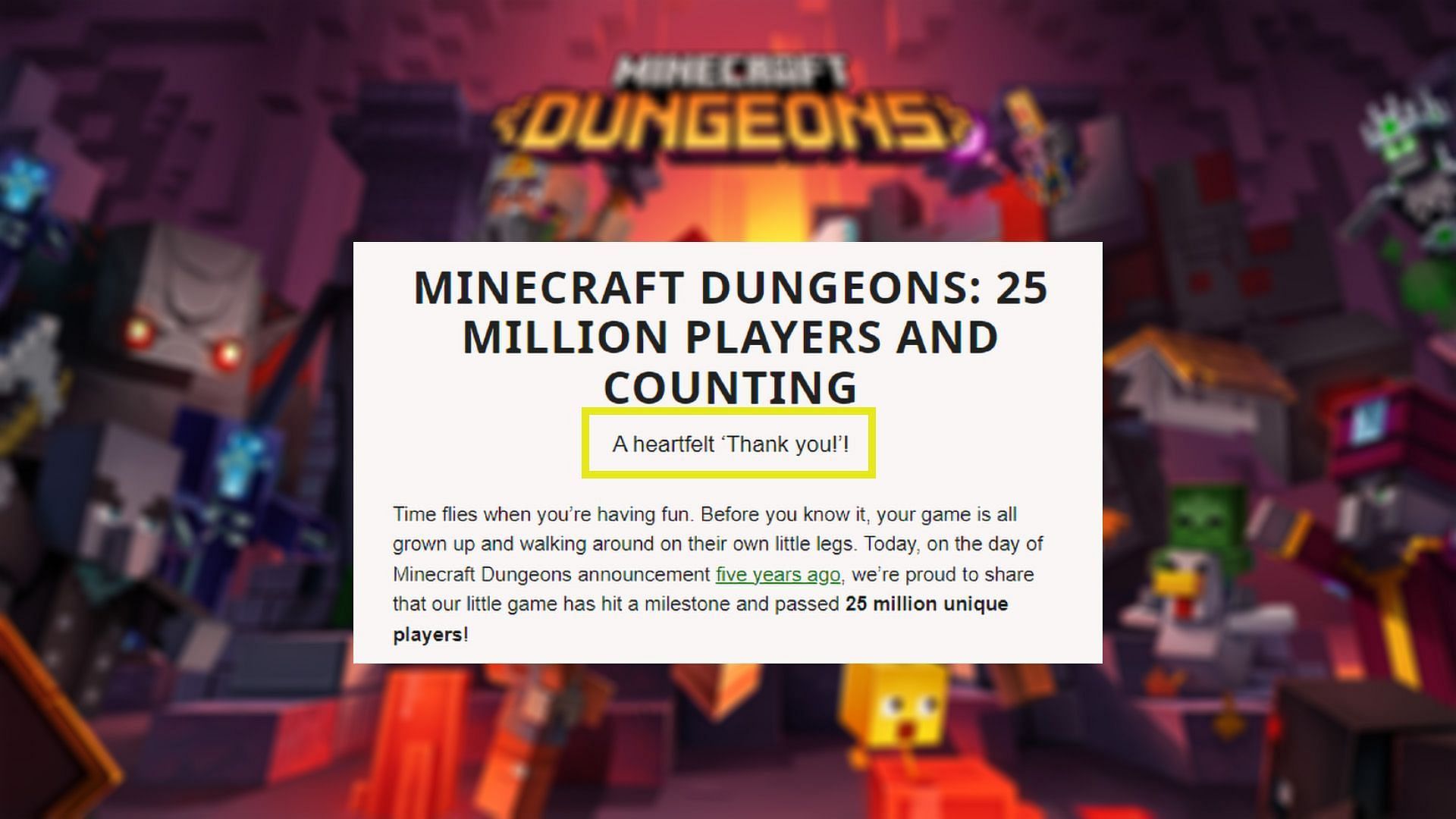 Com 25 milhões de jogadores, Minecraft Dungeons não terá mais