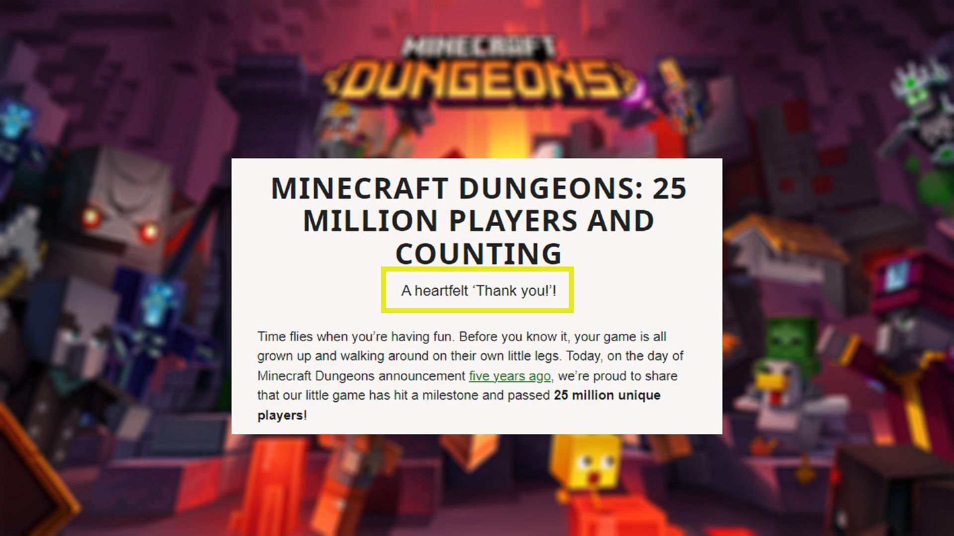 Mojang celebrates 25 million Minecraft Dungeons players as new content updates  end