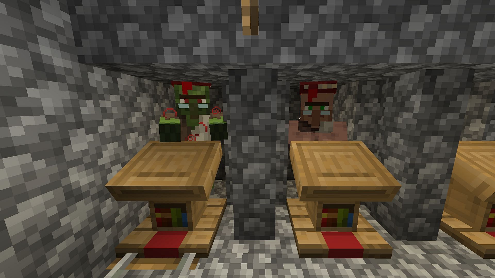 A zombie villager stands in a trading hall in Minecraft.
