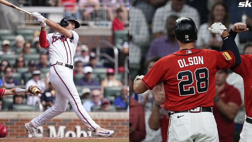 Matt Olson of the Atlanta Braves celebrates hitting a solo homer