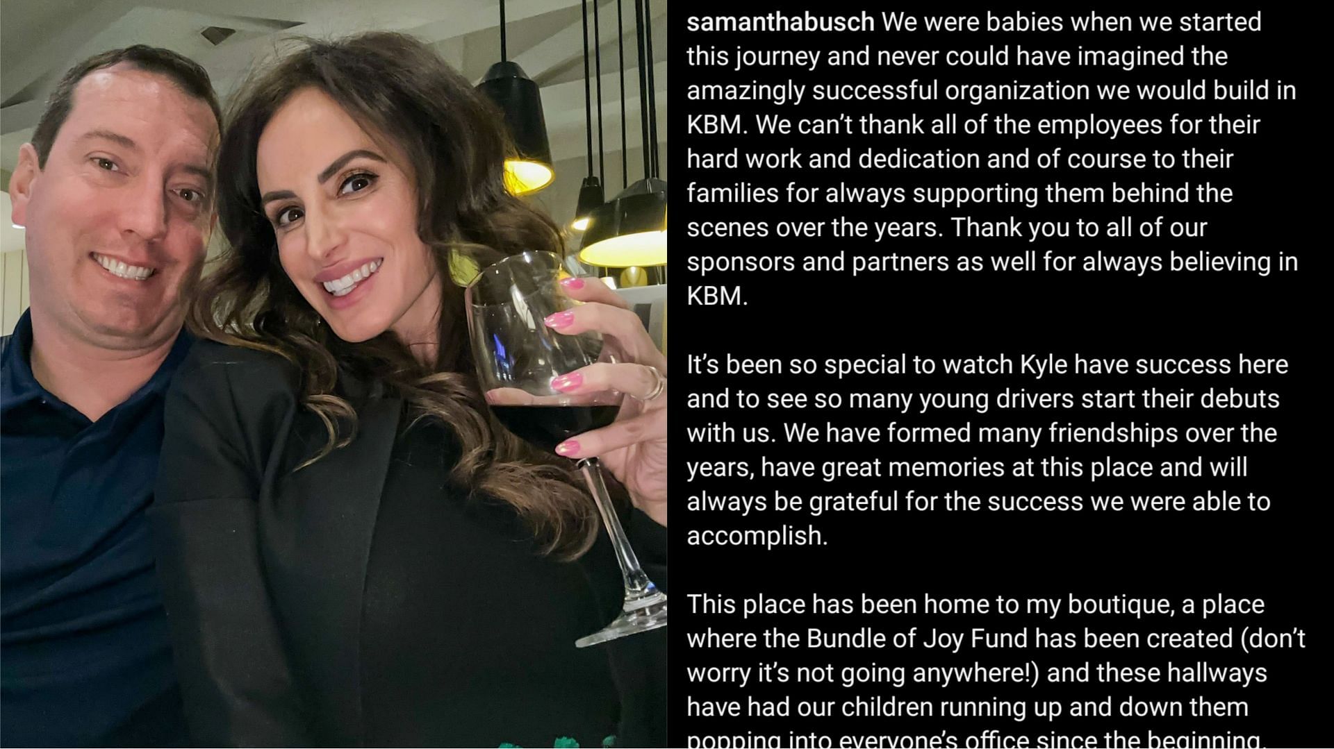 Samantha Busch, the wife of Kyle Busch, pens a statement on Instagram after the sale of Kyle Busch Motorsports