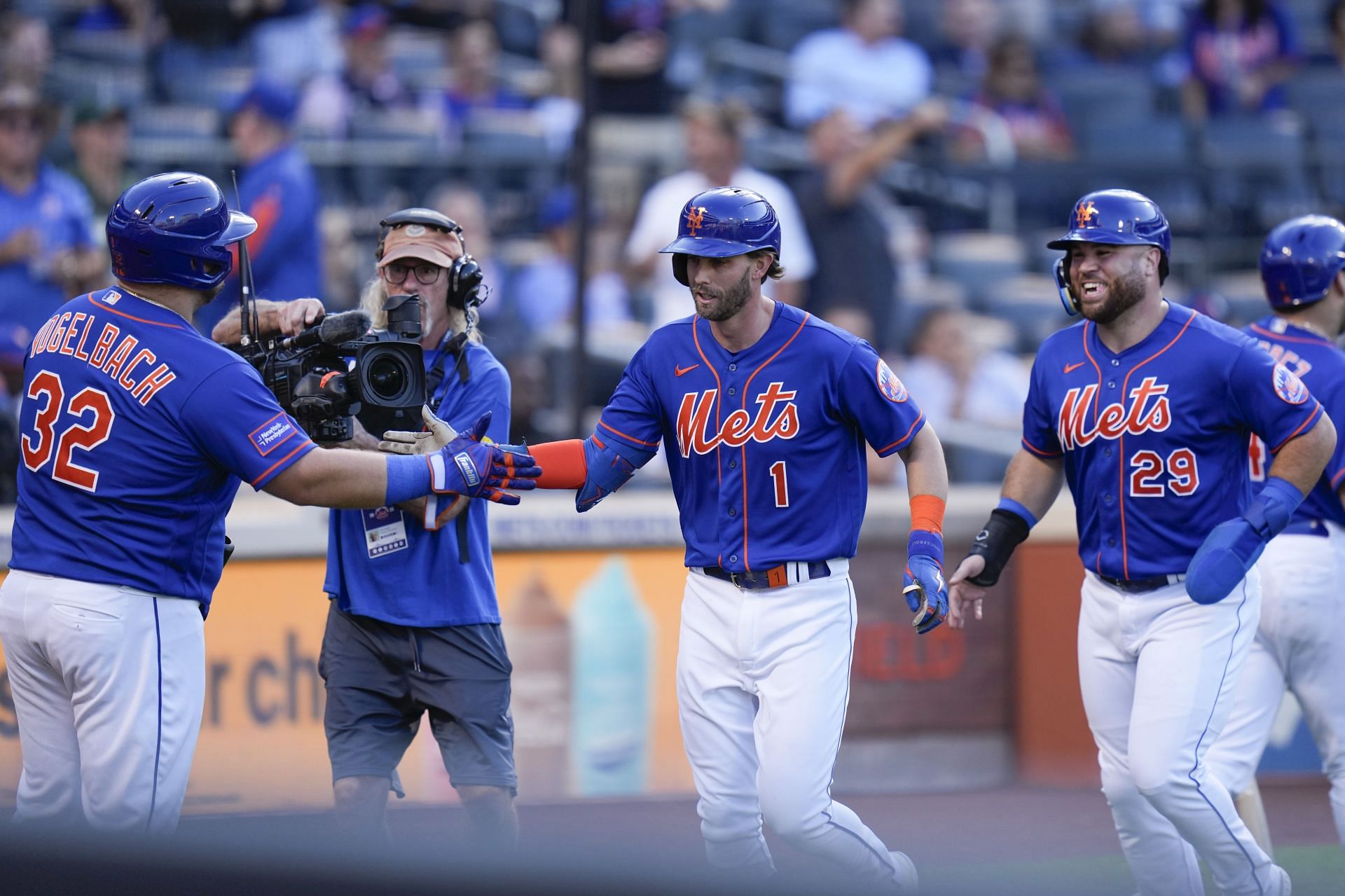 New York Mets&#039; Jeff McNeil, DJ Stewart and Daniel Vogelbach and McNeil during the a baseball game against the Arizona Diamondbacks at Citi Field