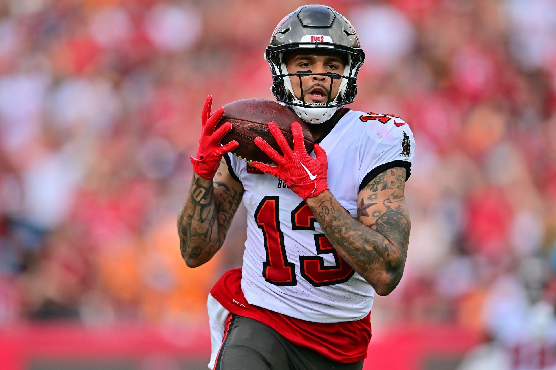 October 14, 2021: Tampa Bay Buccaneers wide receiver Mike Evans (13) looks  on prior to the NFL game between the Tampa Bay Buccaneers and the  Philadelphia Eagles at Lincoln Financial Field in