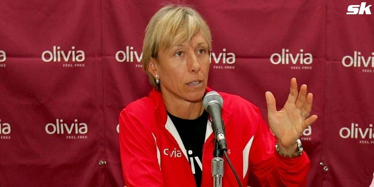 Martina Navratilova speaks to the media.