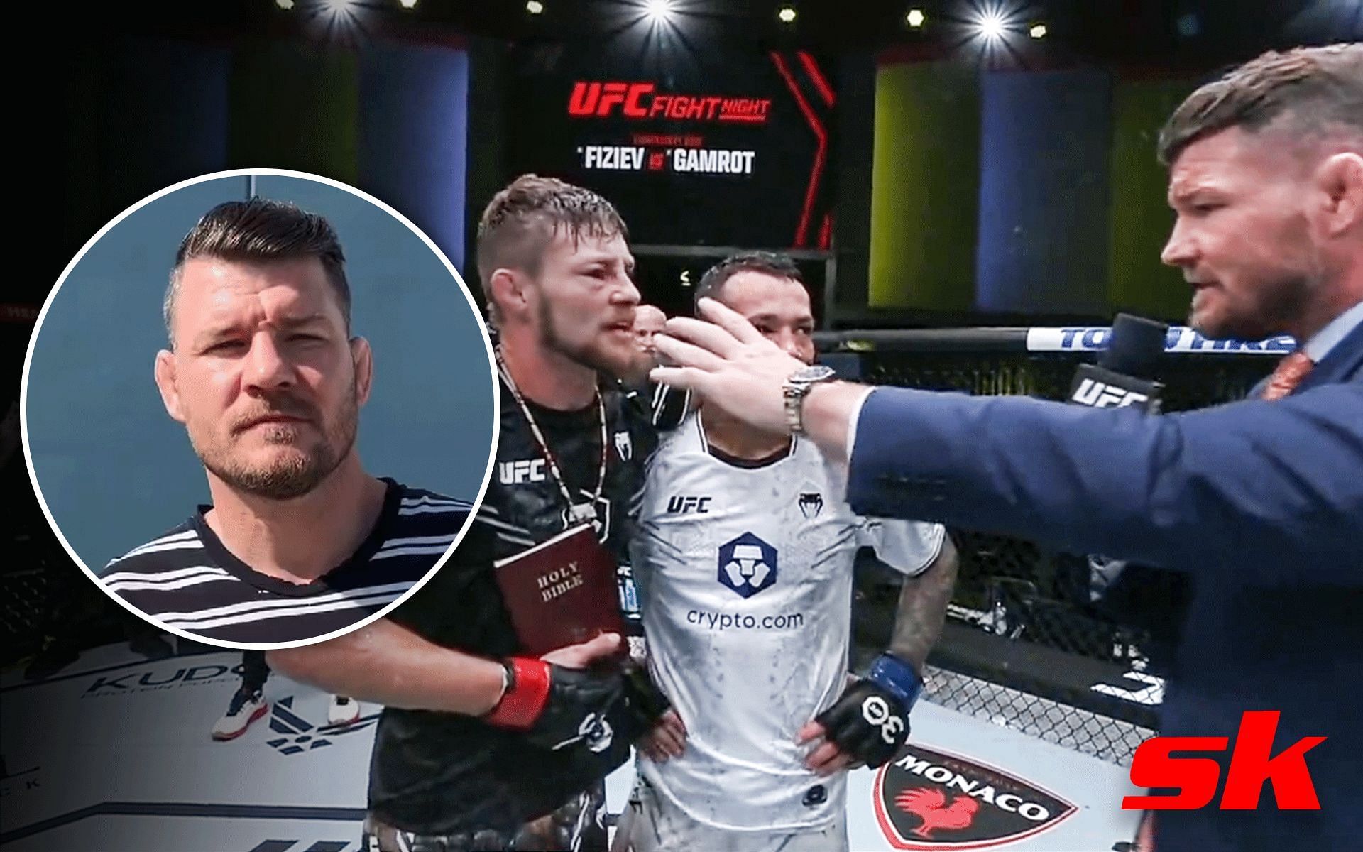 Michael Bisping (left) during octagon interview with Bryce Mitchell (Images via @bisping Instagram and @ufc official YouTube channel)