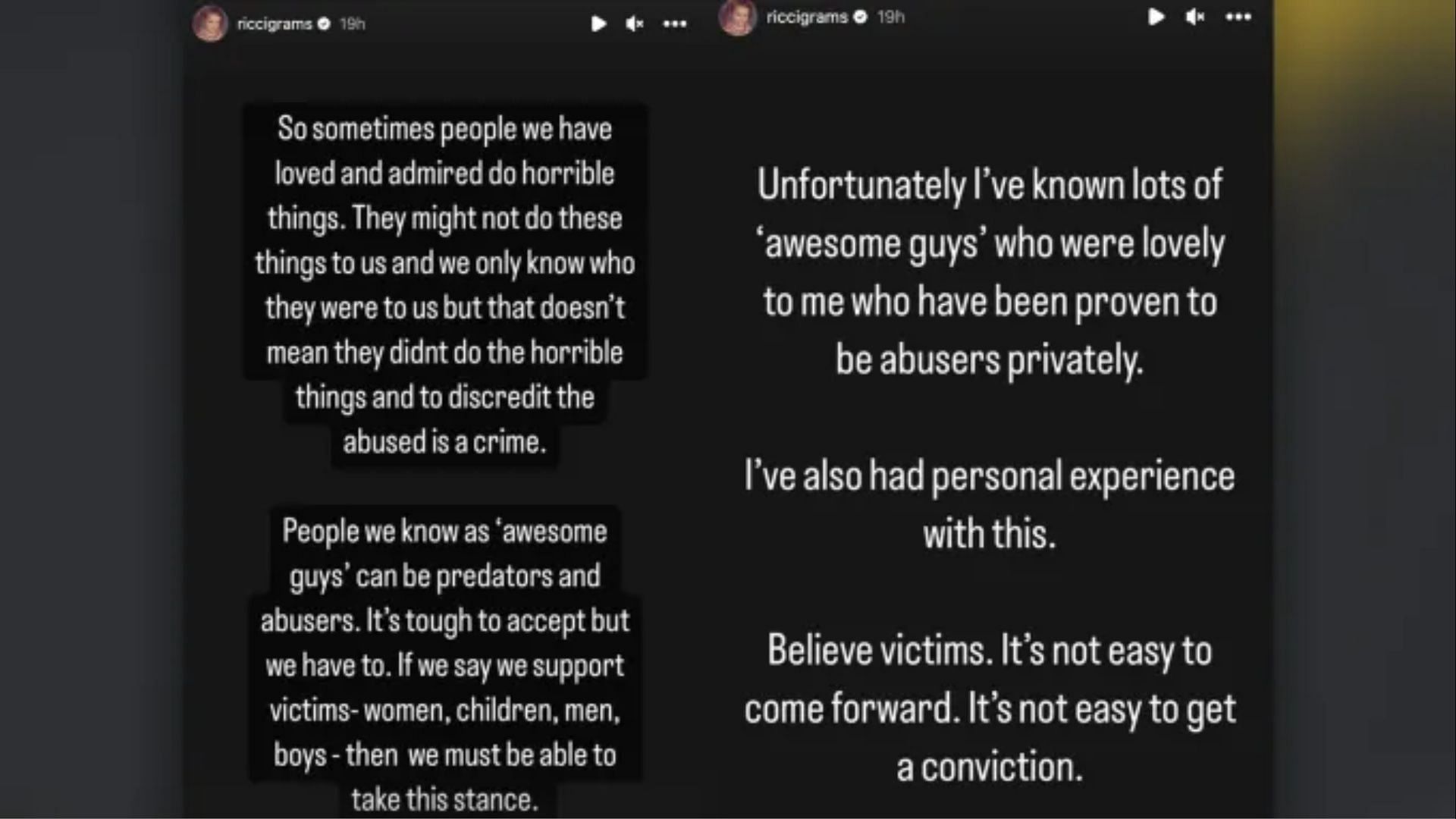 Screenshot of Christina Ricci&#039;s Instagram stories urging people to listen and support victims of any kind of abuse.