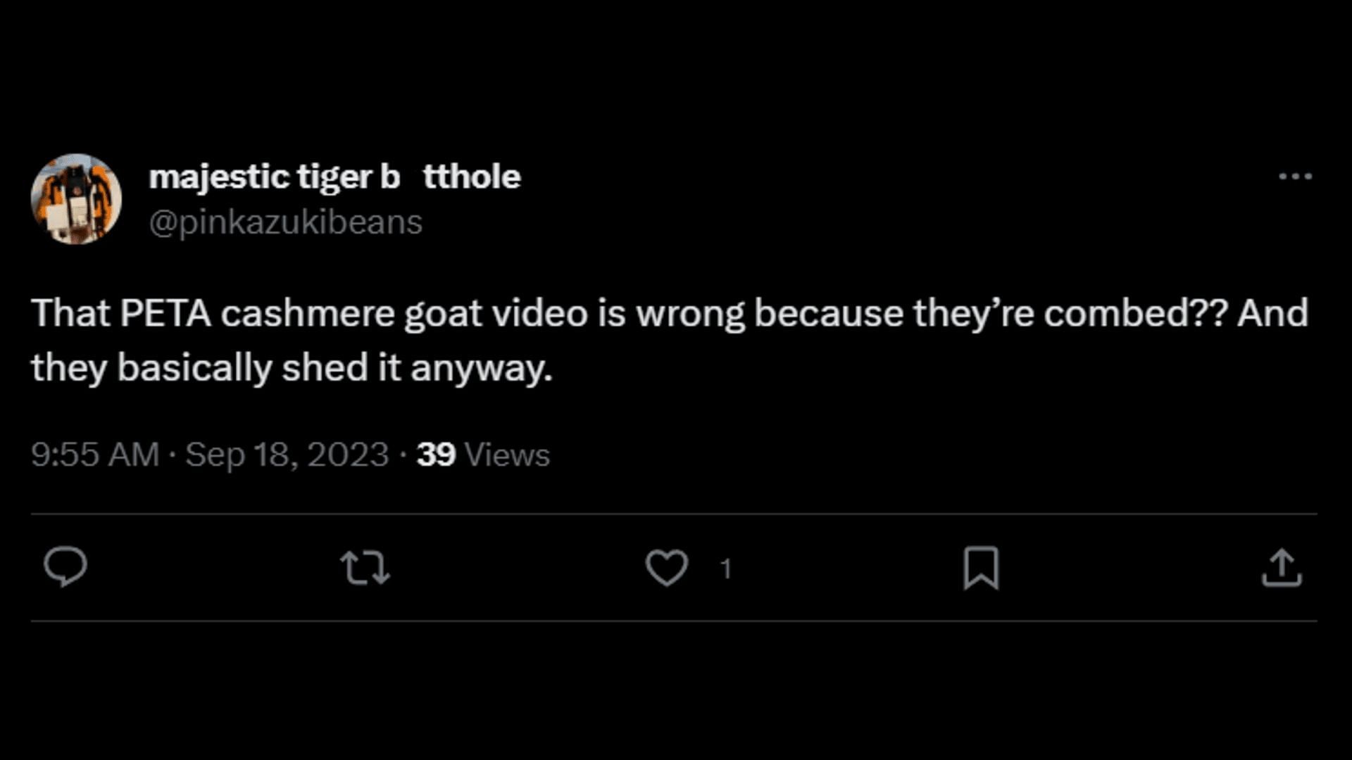 A netizen slams PETA for posting a factually wrong video. (Image via X/majestic tiger b*tthole)