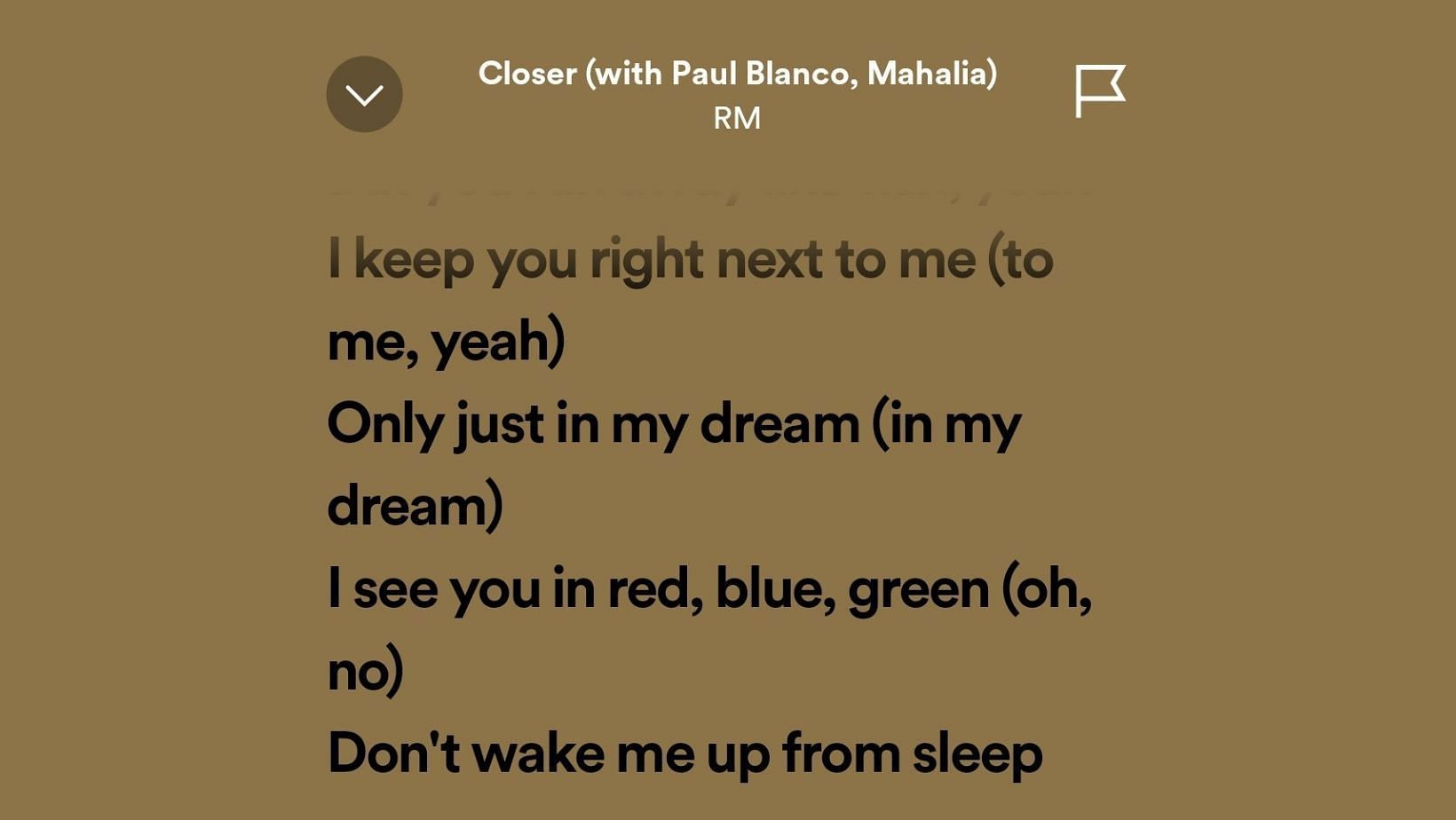 Lyrics from Closer by Namjoon (feat. Paul Blanco and Mahalia) - Indigo. (Image via Twitter/ @sand_tq)