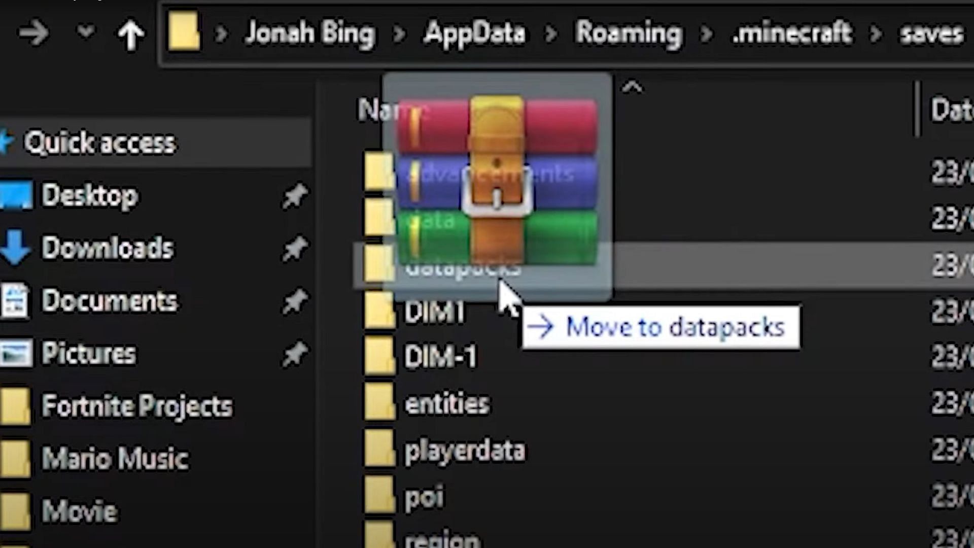 Moving the downloaded mural file to the datapacks folder (Image via Jeroo)