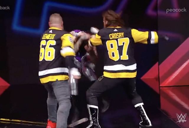 WATCH: Clad in Sidney Crosby Mario Lemieux jerseys, Kevin Owens &amp; Sami Zayn unleash at WWE Pittsburgh