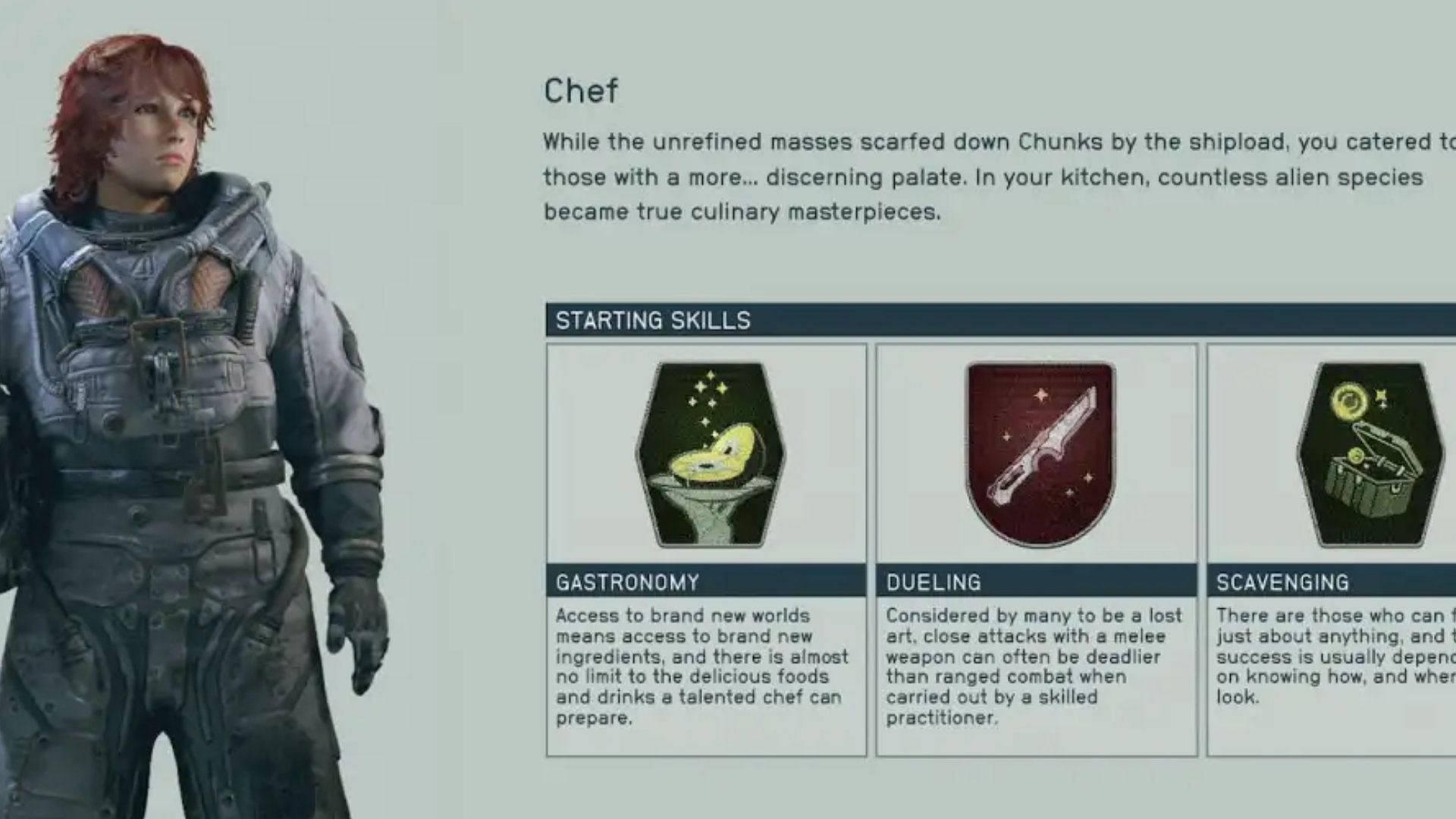 Among the Starfield backgrounds, Chef is not a good option for most players (Image via Bethesda)