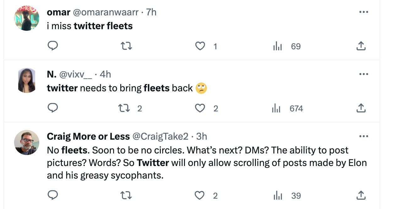 Social media users demanded the comeback of Fleets as Twitter announced that the platform would be discontinuing another feature. (Image via Twitter)
