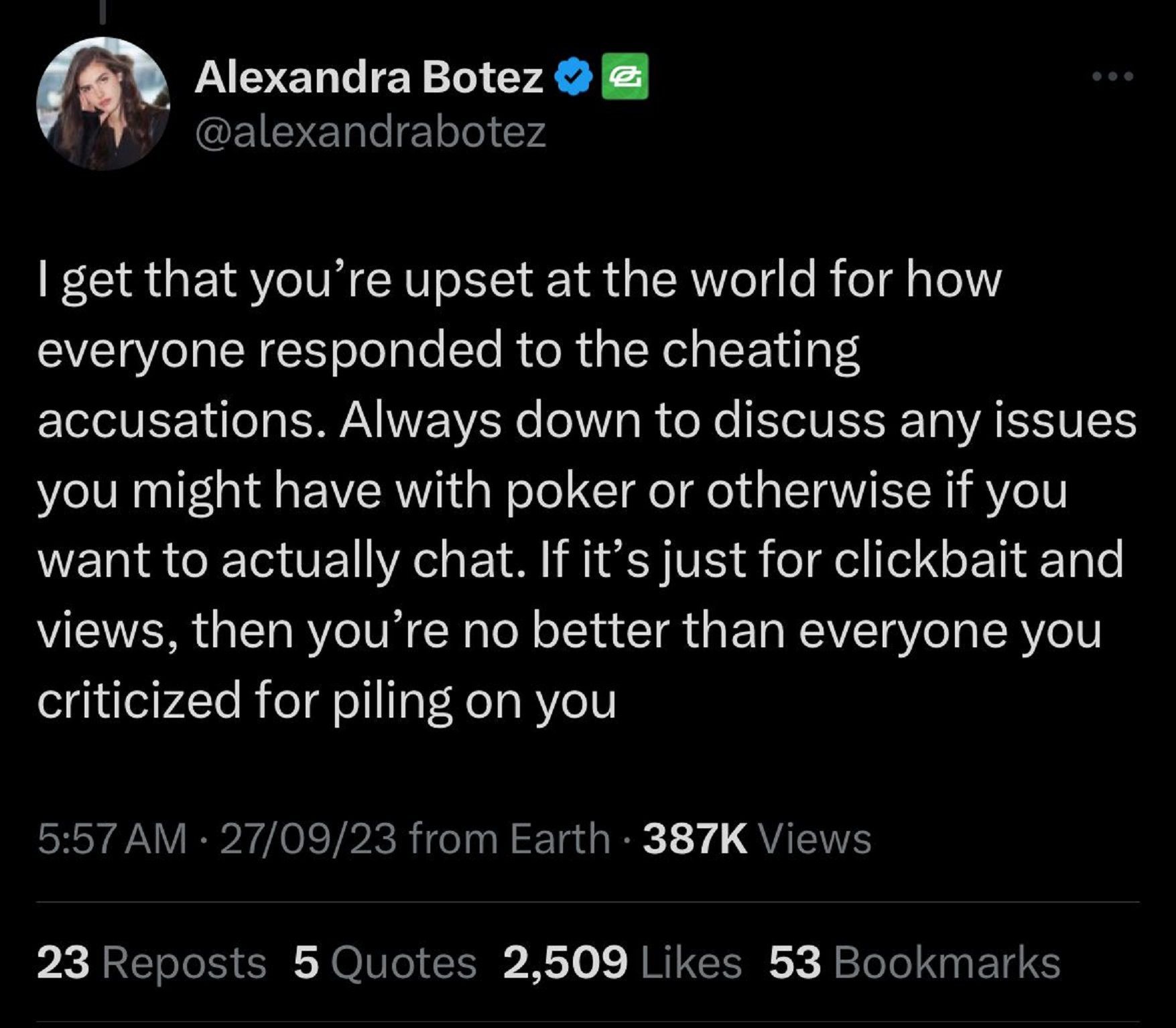 Alexandra Botez responds to Hans&#039; X post (Image via Twitter/X)