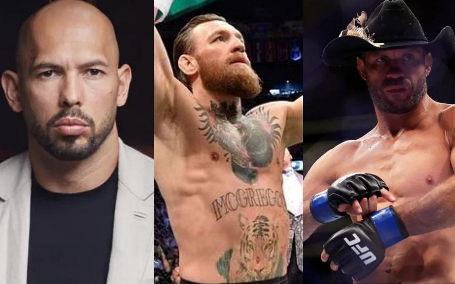 Andrew Tate (left), Conor McGregor (center) and Donald Cerrone (right) (Image credits @SpinninBackfist, @Dexerto, and @AOUREDOO on Twitter)
