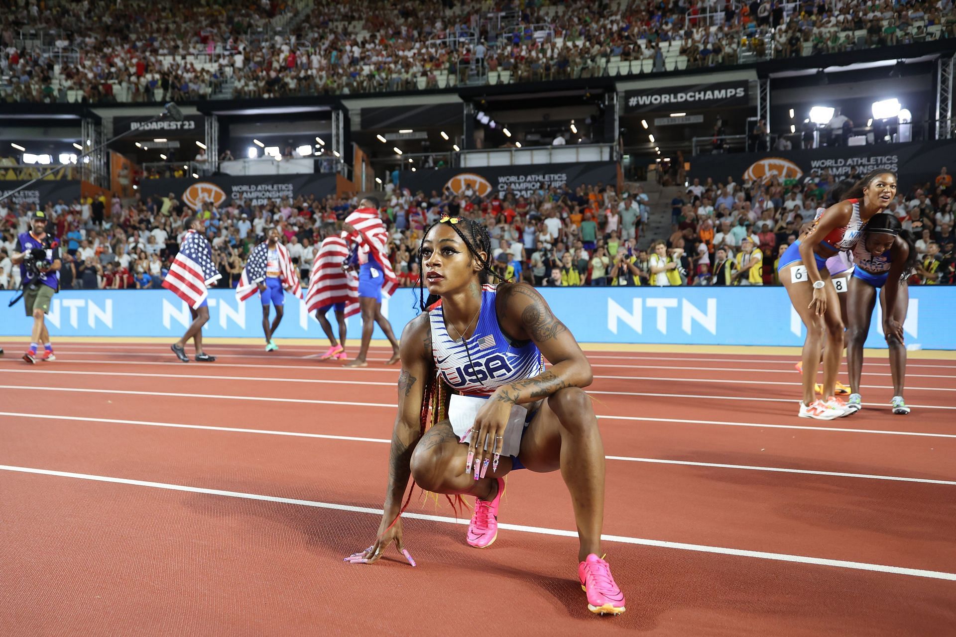 Sha&#039;Carri Richardson of Team United States reacts after winning the Women&#039;s 4x100m Relay Final