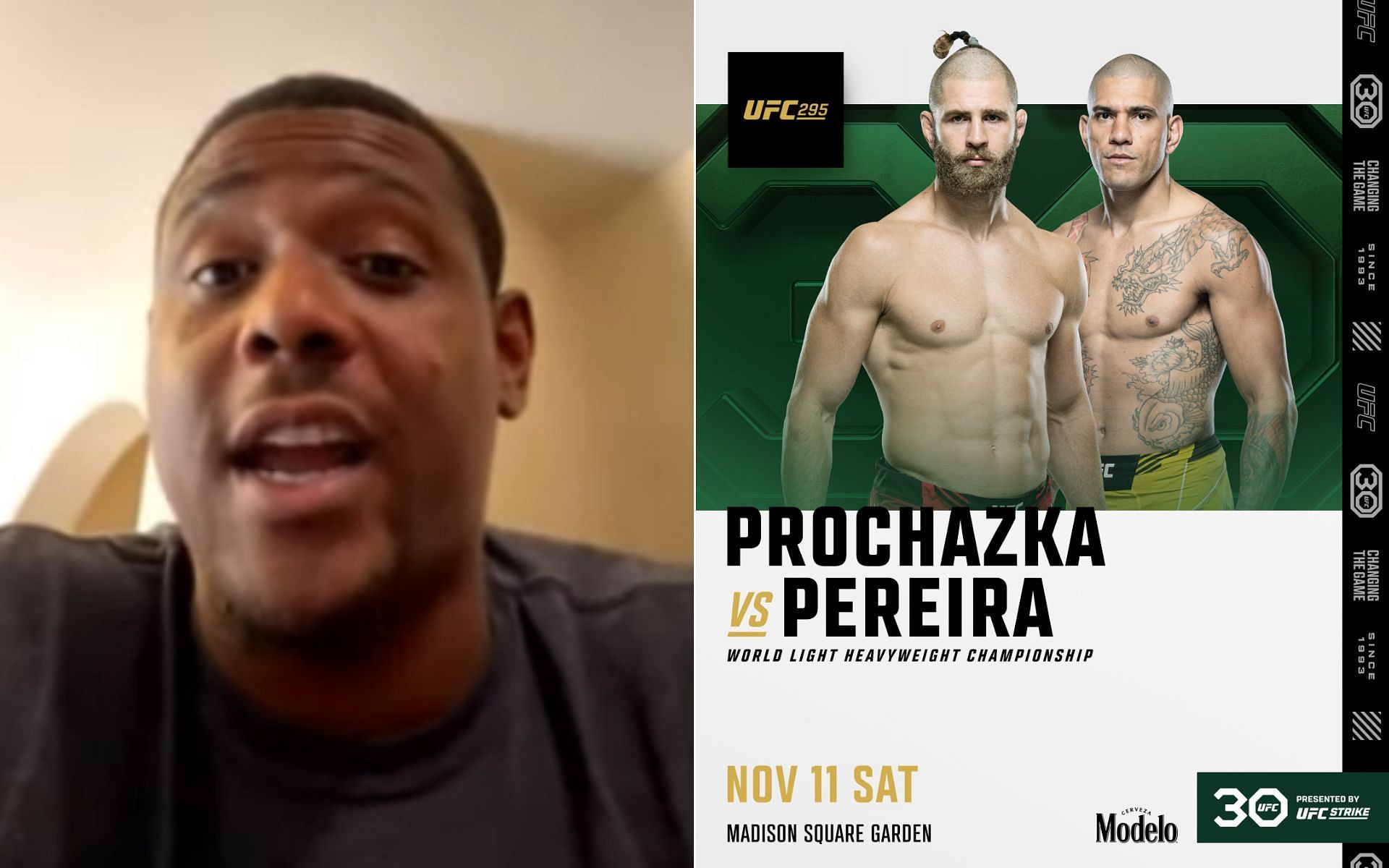 Jamahal Hill [Left], and UFC 295 bout announcement [Right] [Photo credit: Michael Bisping Podcast - YouTube, and @ufc - X]