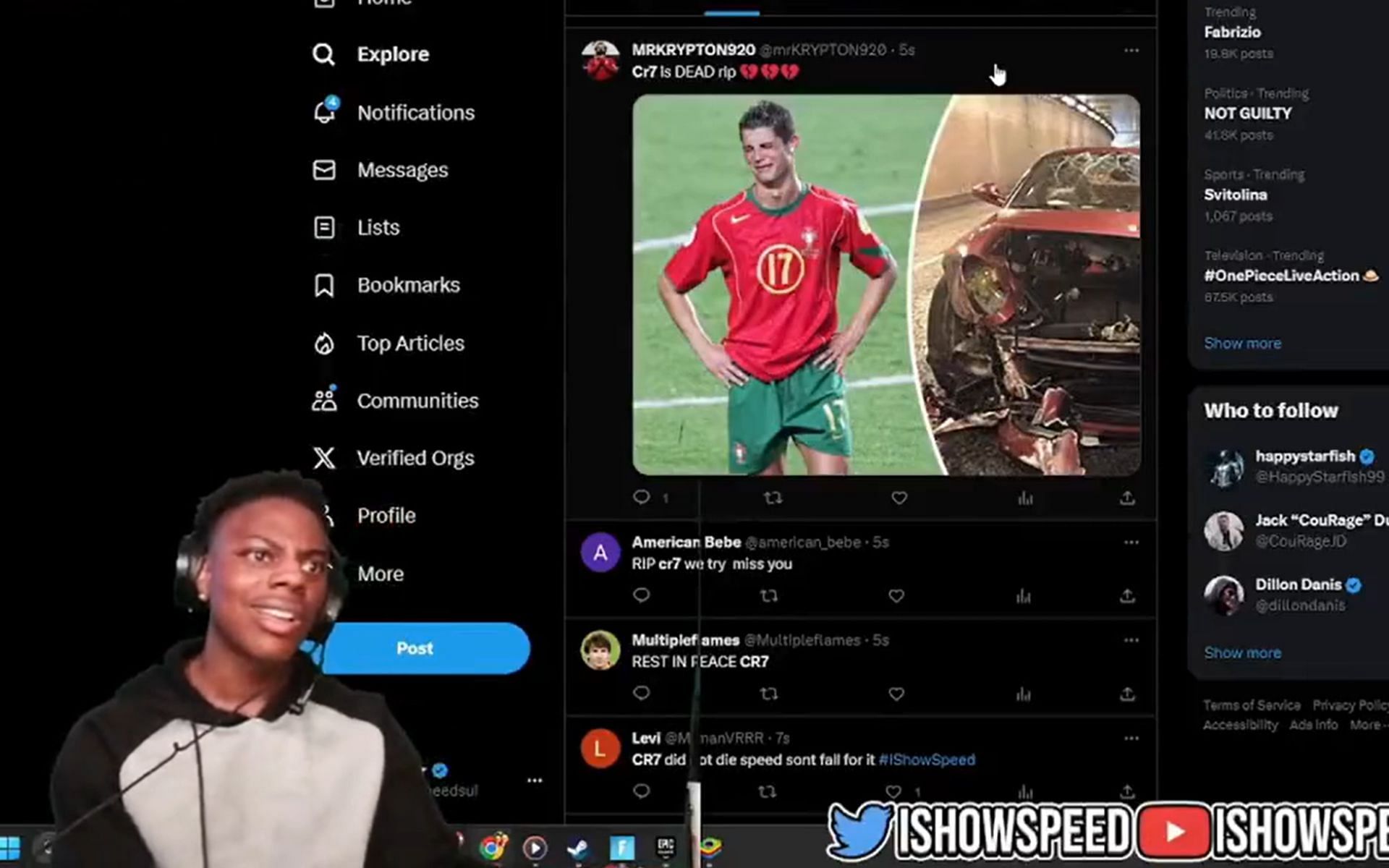 IShowSpeed reacts to fans trolling him by saying that Ronaldo passed away (Image via Drama Alert/Twitter)