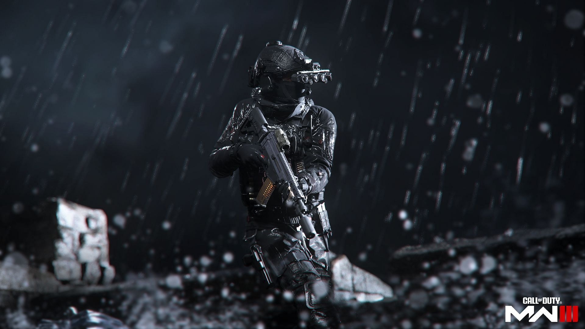 An Operator holding a gun at night while its raining.