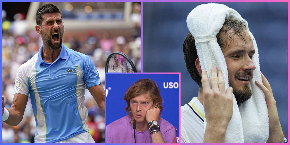 Novak Djokovic (left); Daniil Medvedev; Andrey Rublev (inset)