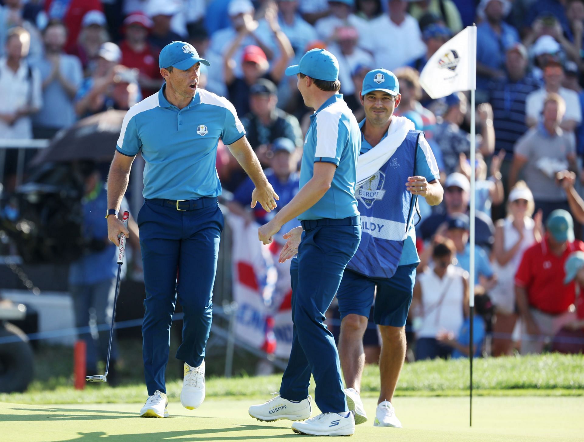 Rory McIlroy and Matt Fitzpatrick of Team Europe celebrate on the tenth green during the Friday afternoon fourball matches of the 2023 Ryder Cup (Image via Getty)