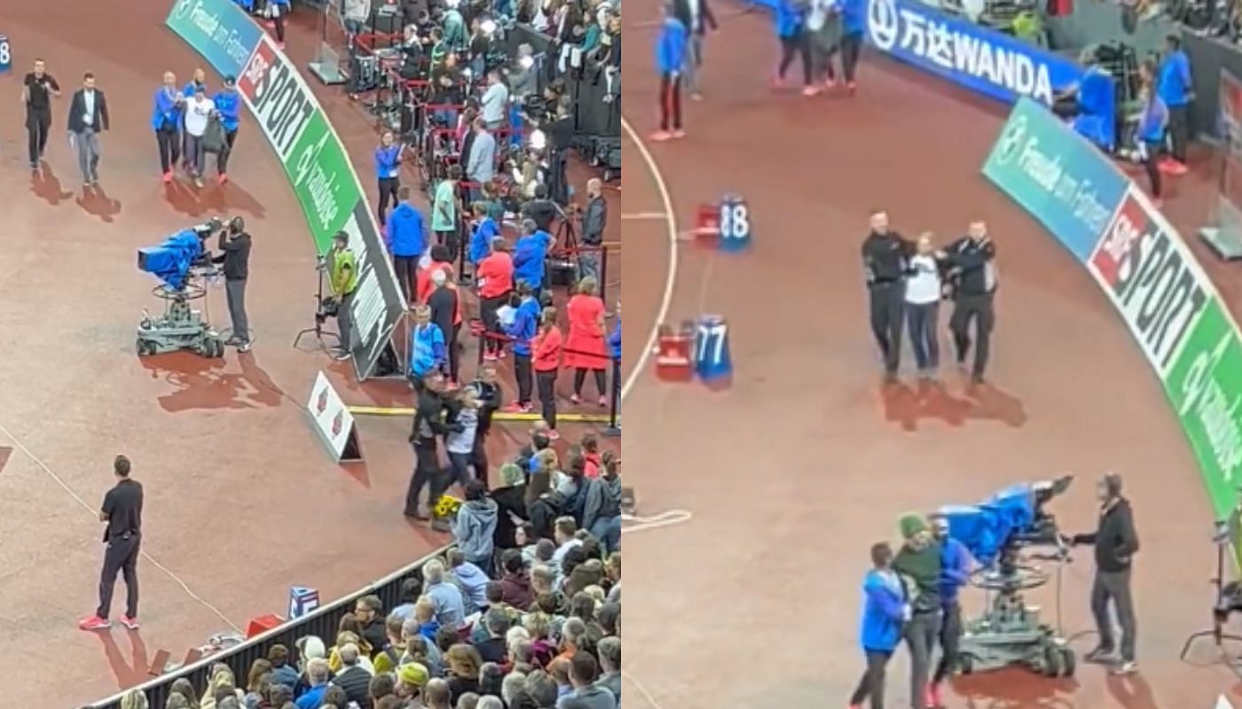 Four climate protestors being arrested by security for disrupting 1500m event at Diamond League (Image via video footages)