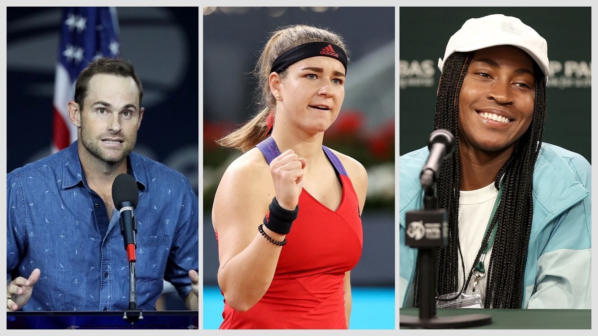 Andy Roddick (L), Karolina Muchova (centre) and Coco Gauff (R)