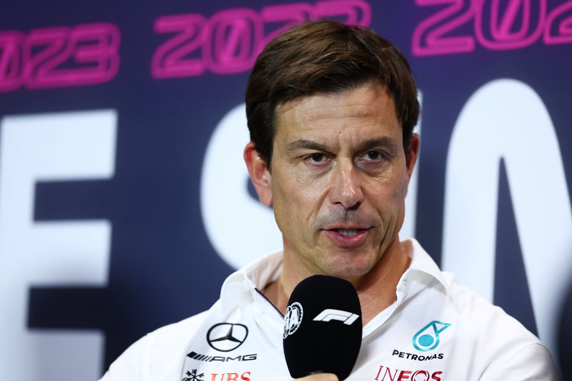 Mercedes GP Executive Director Toto Wolff talks in a team principals press conference during practice ahead of the F1 Grand Prix of Singapore at Marina Bay Street Circuit on September 15, 2023 in Singapore, Singapore. (Photo by Bryn Lennon/Getty Images)
