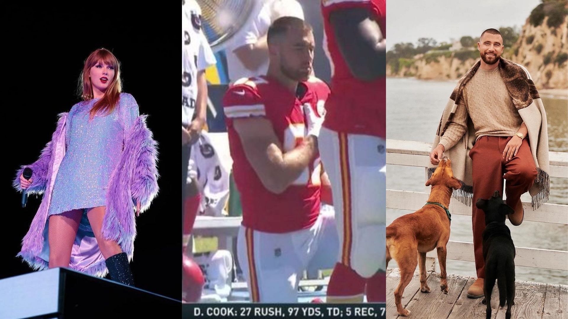 (Left to right) Taylor Swift, Travis Kelce at the 2017 game, and Kelce (Photos via Instagram/@killatrav/@taylorswift) 