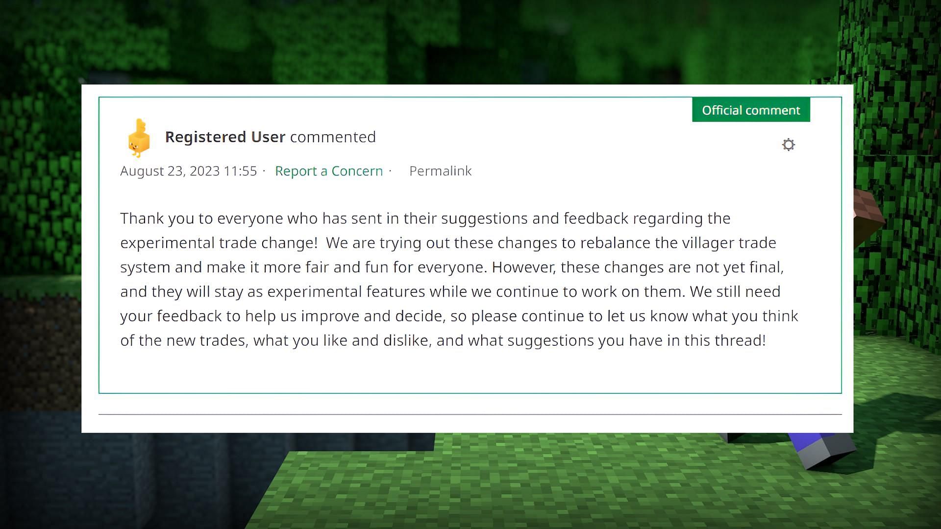 Mojang répond aux réponses des joueurs dans la section commentaires concernant les échanges de villageois (Image via Mojang)