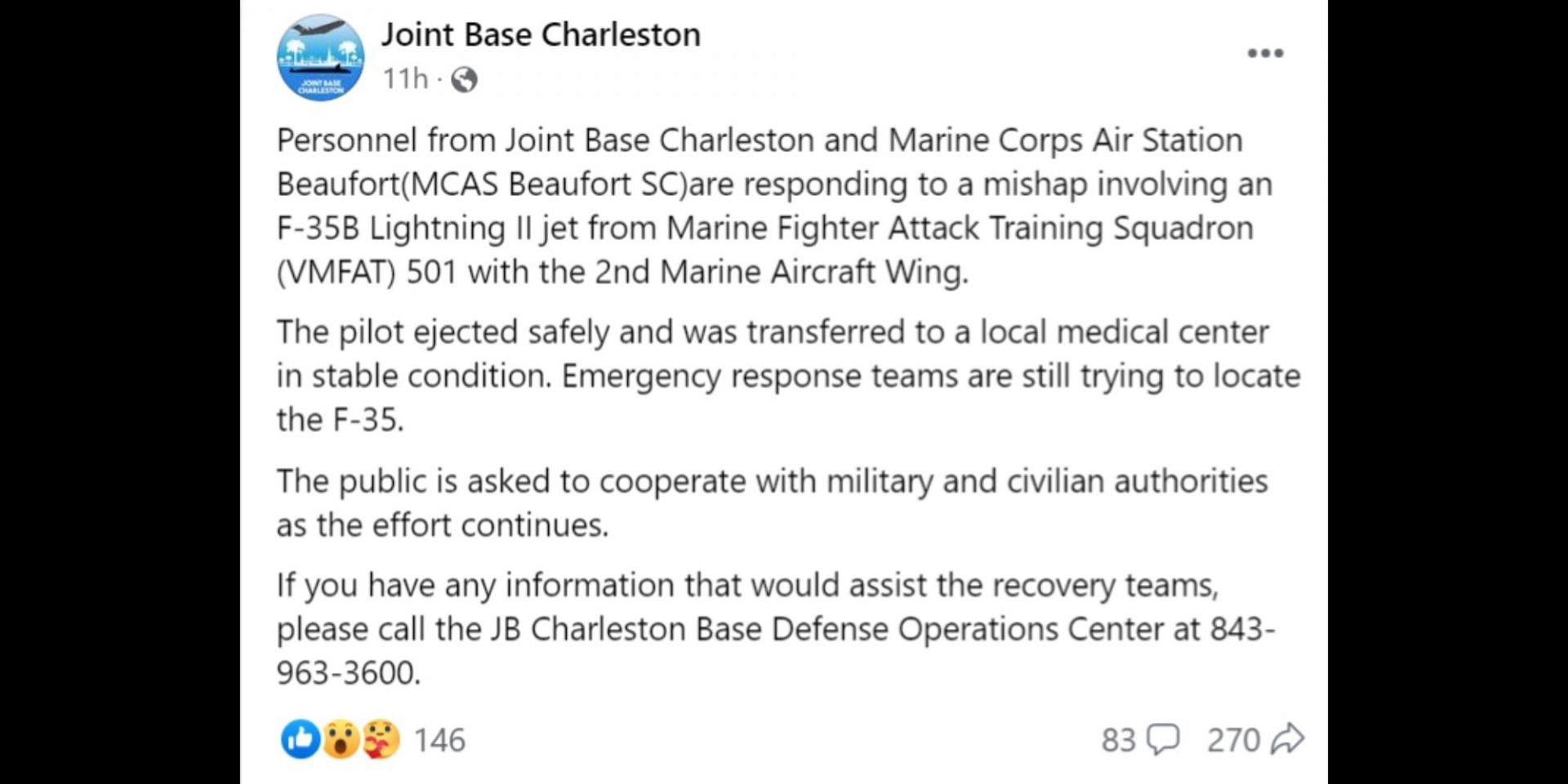 Joint Base Charleston informs the public about the missing F35 jet. (Image via Facebook/Joint Base Charleston)