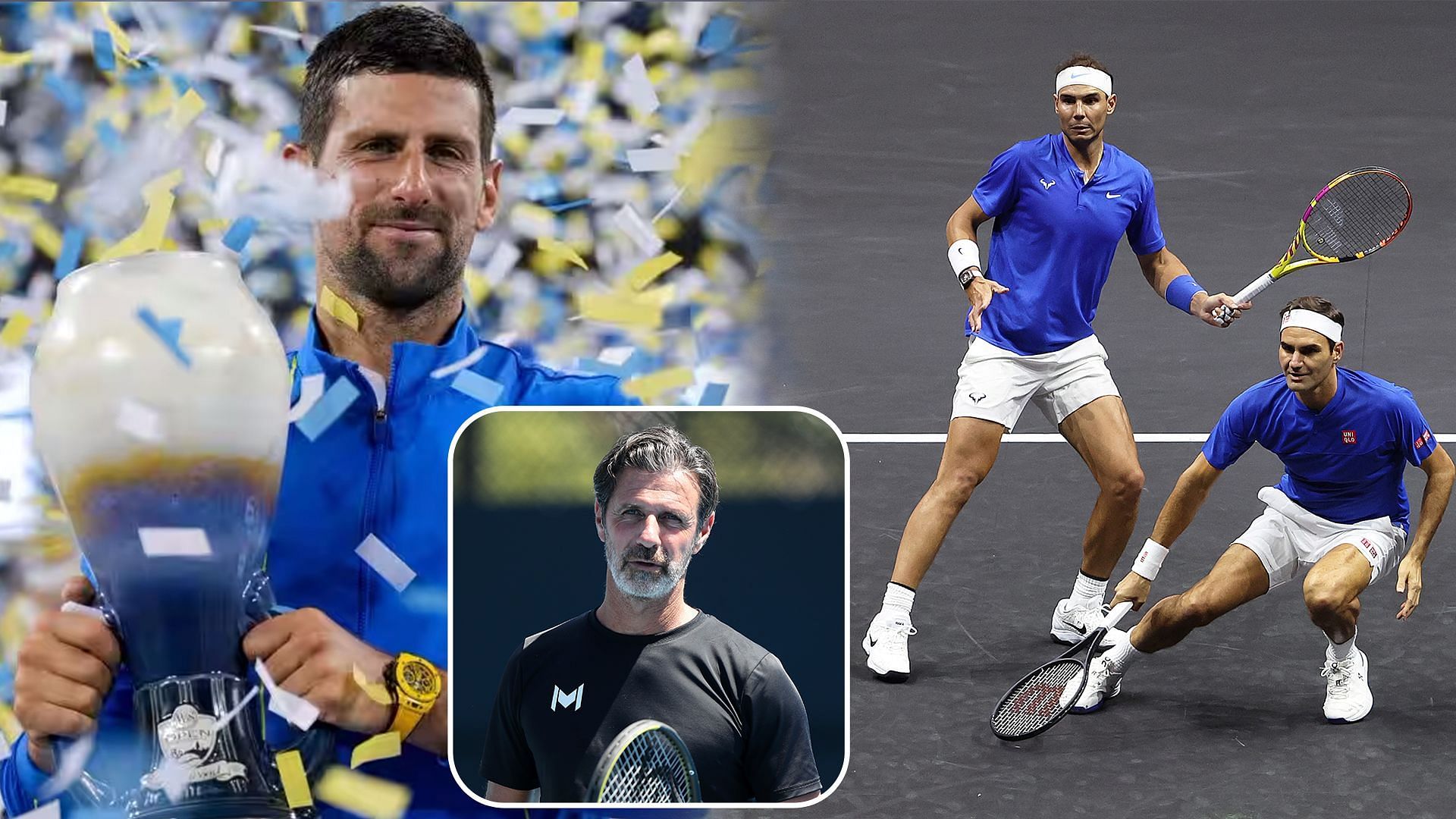Novak Djokovic (L), Roger Federer and Rafael Nadal (R), Patrick Mouratoglou (inset)