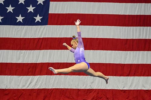 Joscelyn Roberson competes in beam in the women's senior division at the 2022 U.S. Classic in West Valley City, Utah