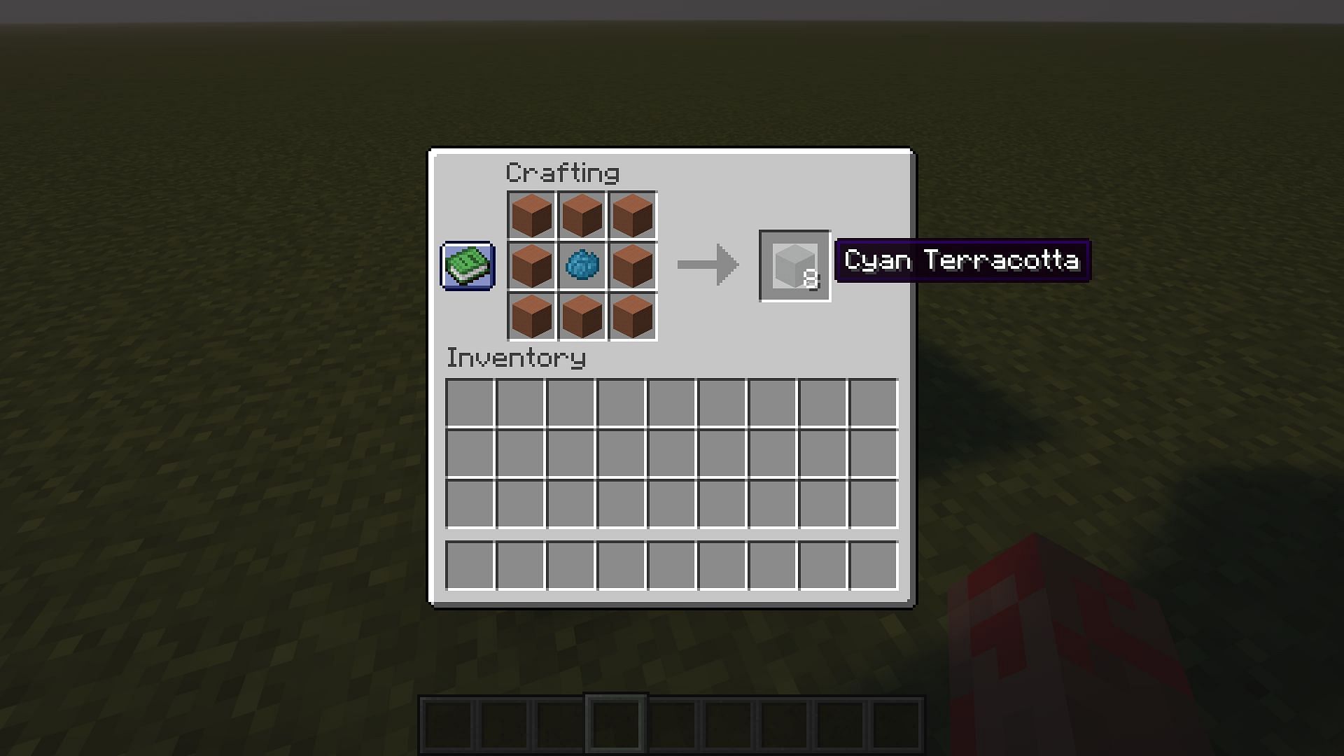 The cyan terracotta block crafting recipe contains eight regular terracotta blocks and one cyan dye in Minecraft (Image via Mojang)