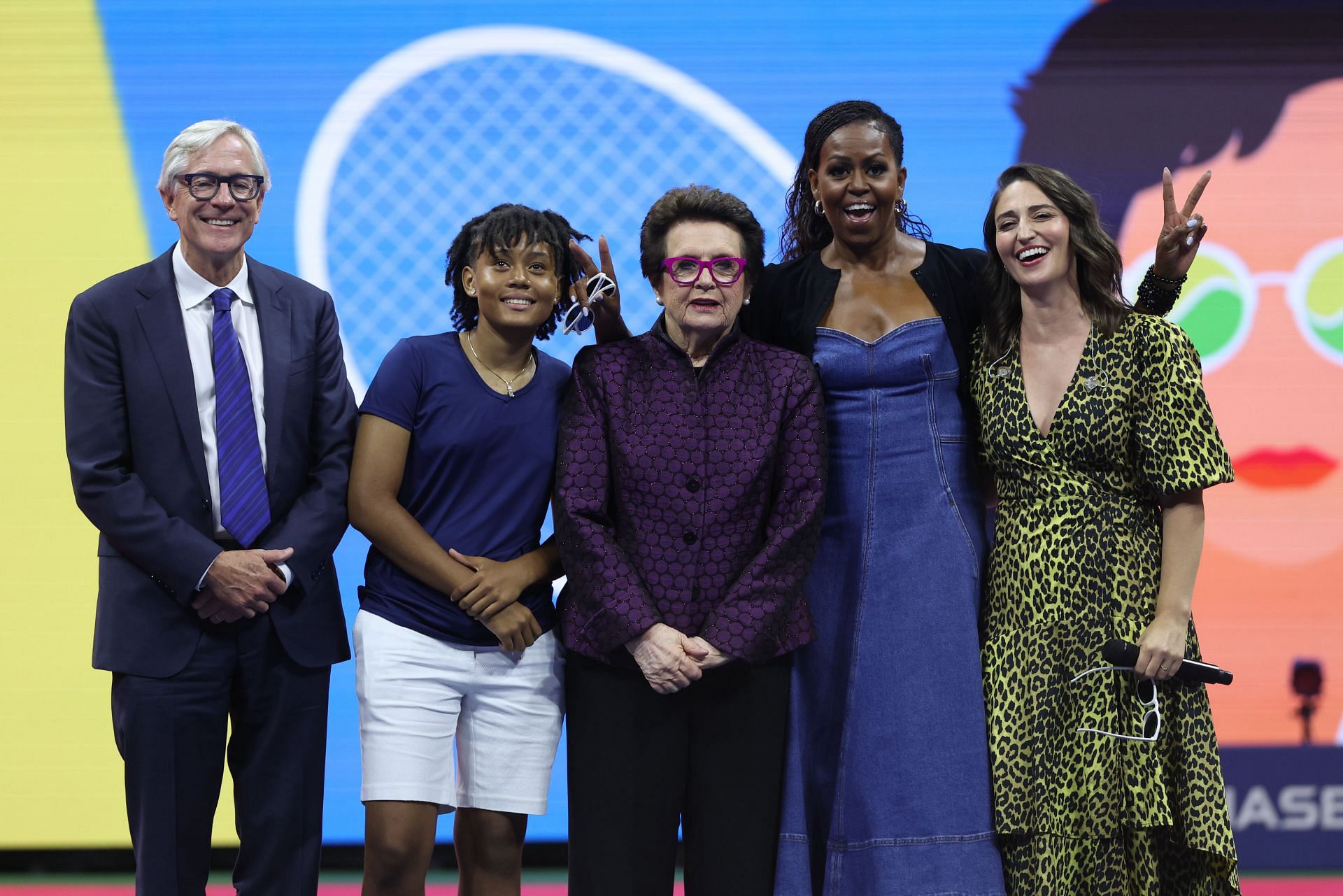 Former first lady Michelle Obama, Billie Jean King (center), and others during the US Open.