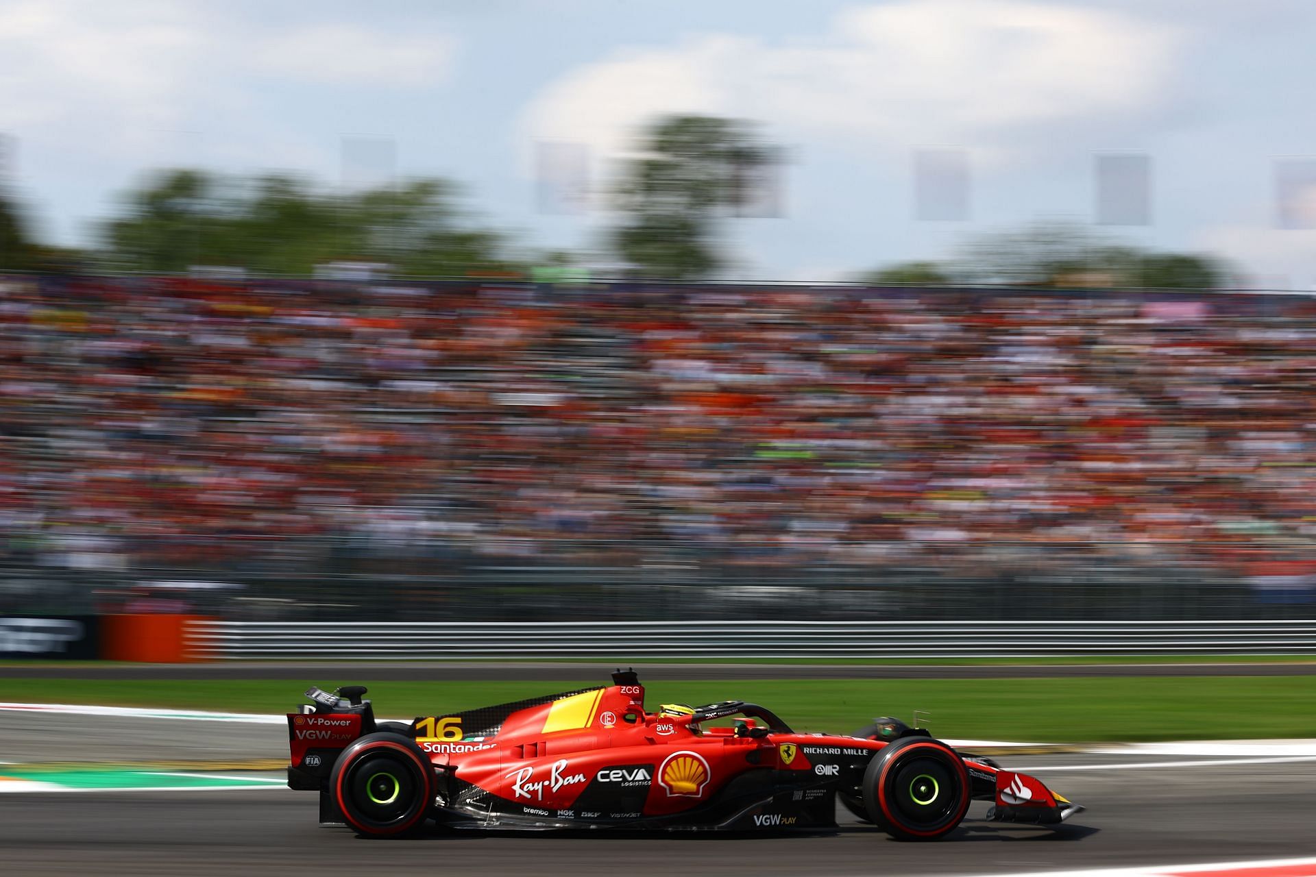 Charles Leclerc pushing down the SF-23 at Monza earlier today (Photo by Mark Thompson/Getty Images