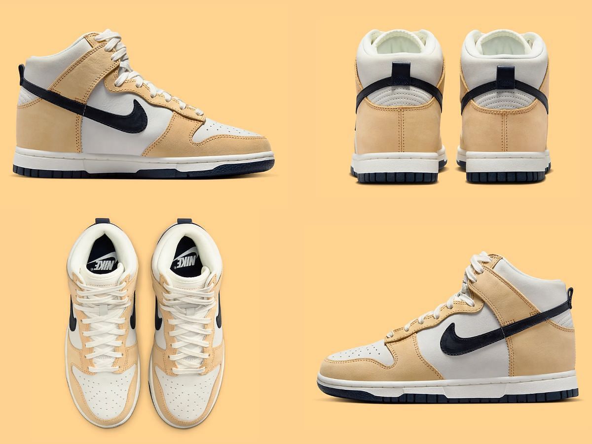 The upcoming Nike Dunk High &quot;Gold Suede&quot; sneakers will be released exclusively in women&#039;s sizes (Image via Sportskeeda)