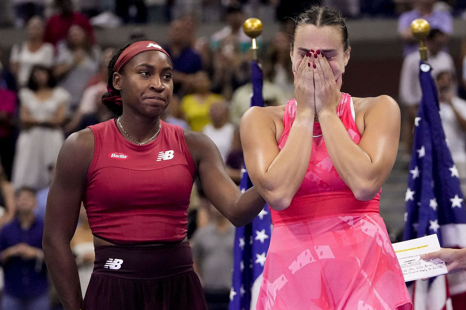 Gauff consoles Sabalenka after defeating her at 2023 US Open